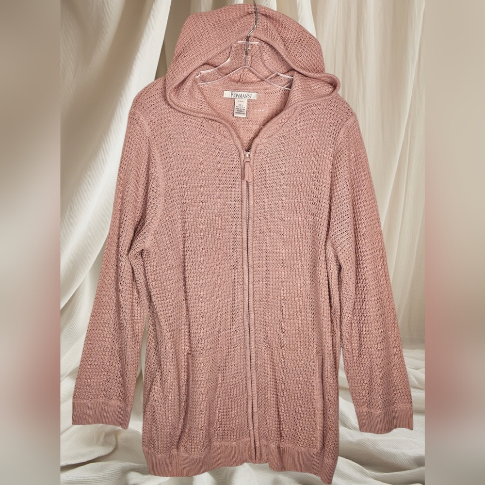 NWOT ROAMAN'S Mauve Pink Knitted Zip-Up Hoodie Sweater Jacket-M(14-16)